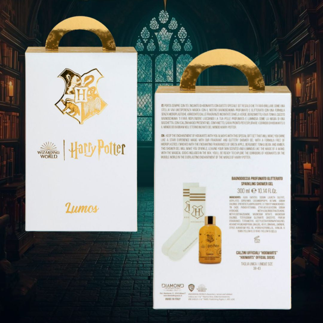 HARRY POTTER LUMOS Cofanetto | Bagnodoccia Profumato Glitterato 300ml + Calzini Ufficiale Hogwarts 38-43