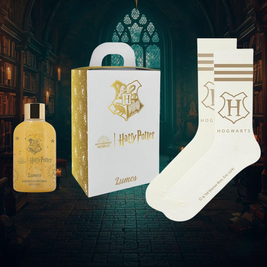HARRY POTTER LUMOS Cofanetto | Bagnodoccia Profumato Glitterato 300ml + Calzini Ufficiale Hogwarts 38-43