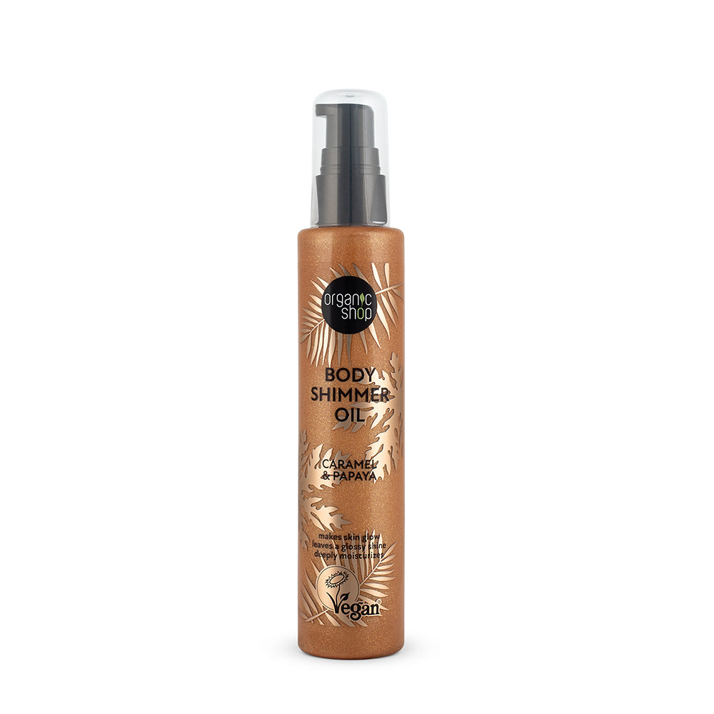 BODY SHIMMER OIL VEGAN | CARAMELLO E PAPAYA - Dona alla pelle un bagliore dorato con un effetto abbagliante