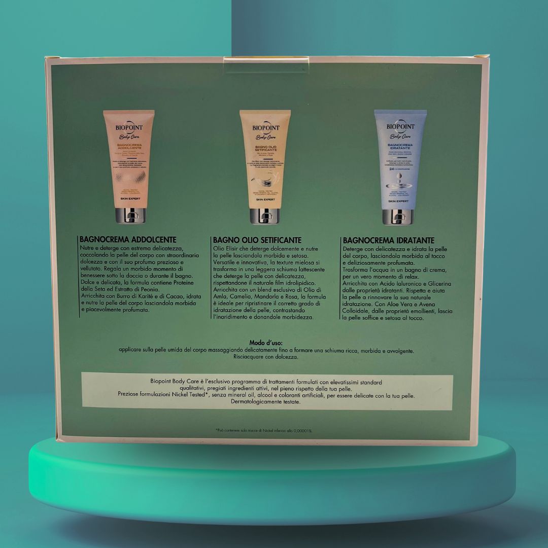 BIOPOINT SHOWER TREAT – Bagnocrema Addolcente + Bagno Olio Setificante + Bagnocrema Idratante