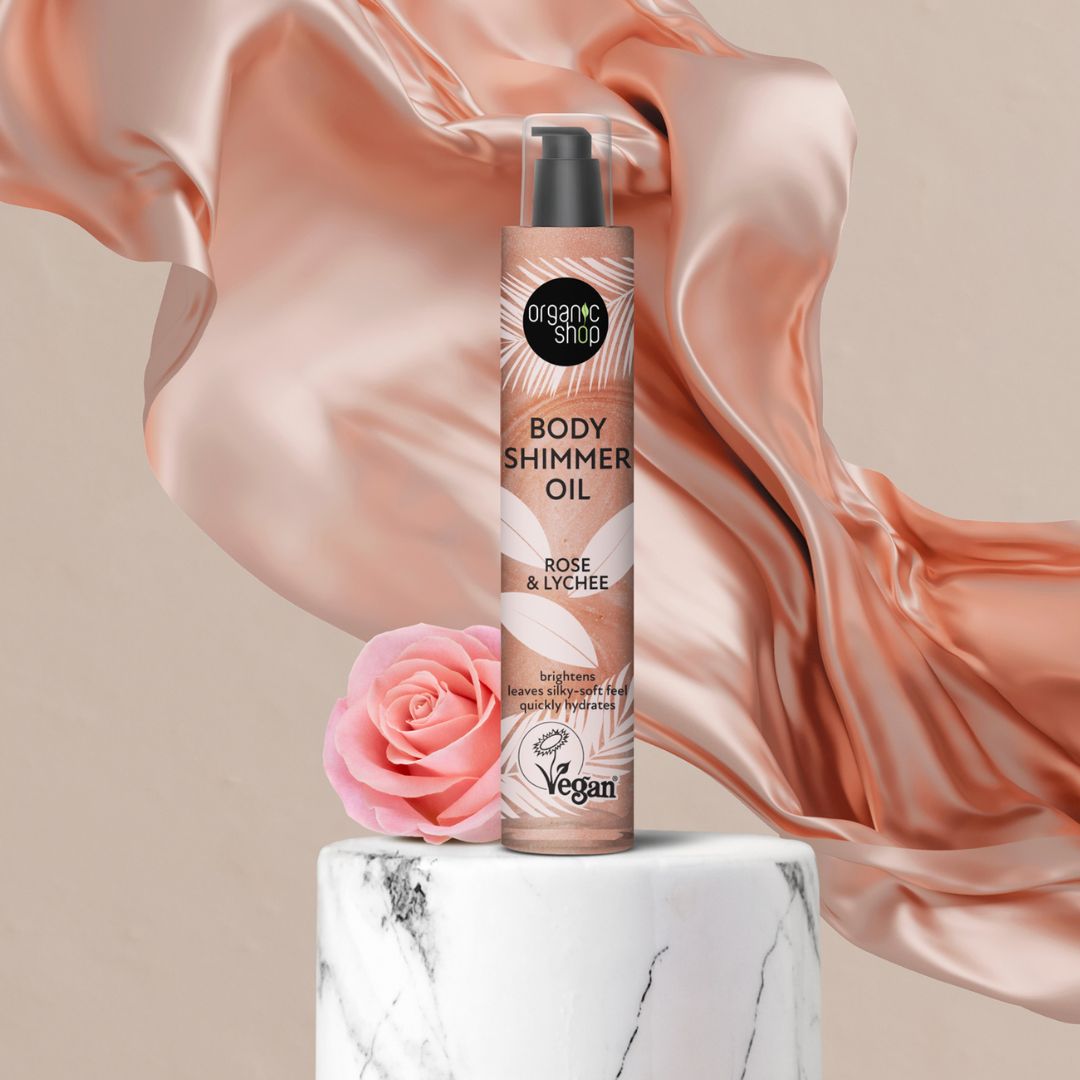 BODY SHIMMER OIL VEGAN | ROSE & LYCHEE - Illumina e idrata la pelle, rendendola liscia