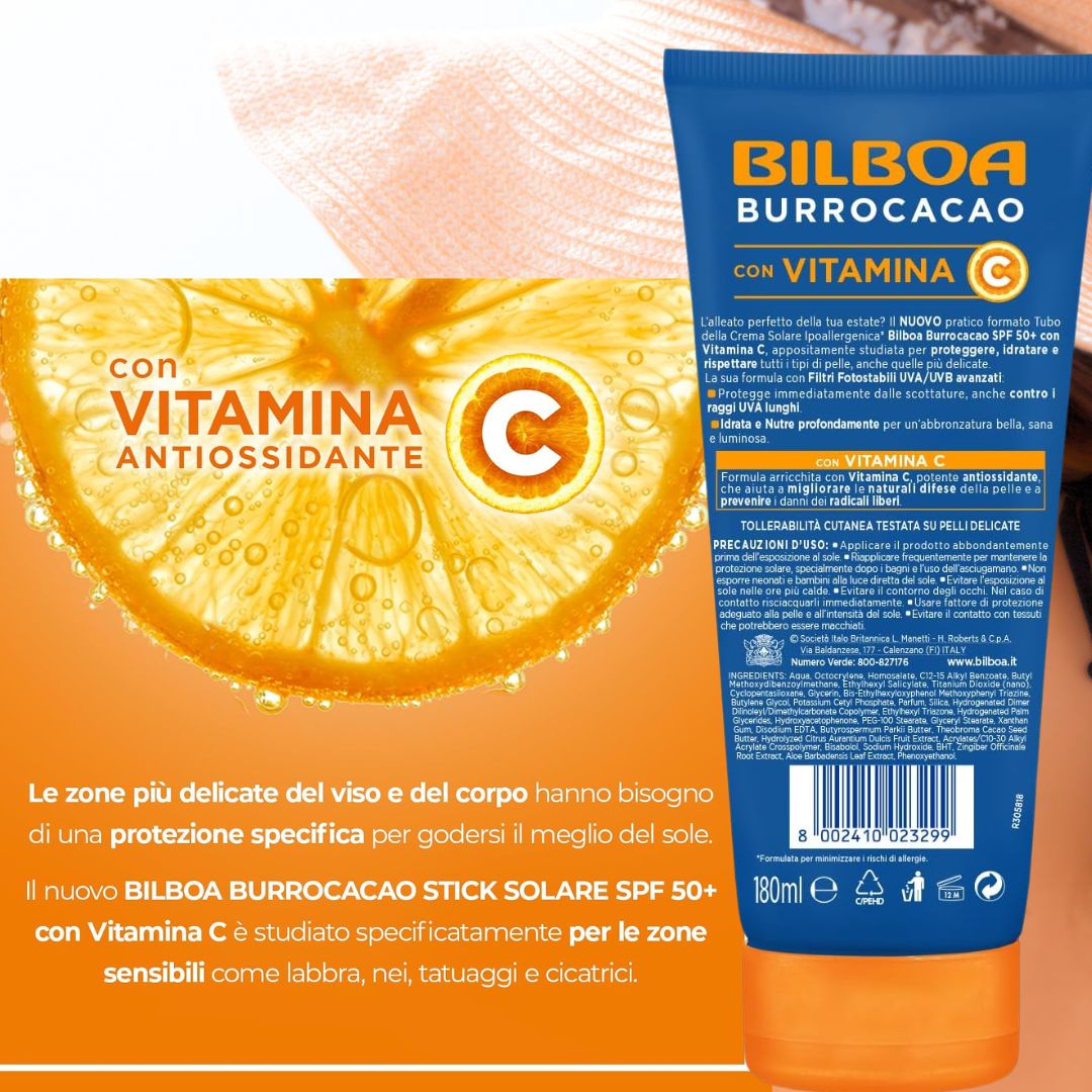 BURROCACO SOLARE SPF50+ Pelli Delicate con Vitamina C - Idrata, Nutre, Protegge