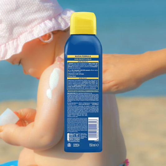 PROTEZIONE BIMBI SPRAY SOLARE SPF50+ Multi‑posizione - Anti Sabbia, Resistente all'acqua