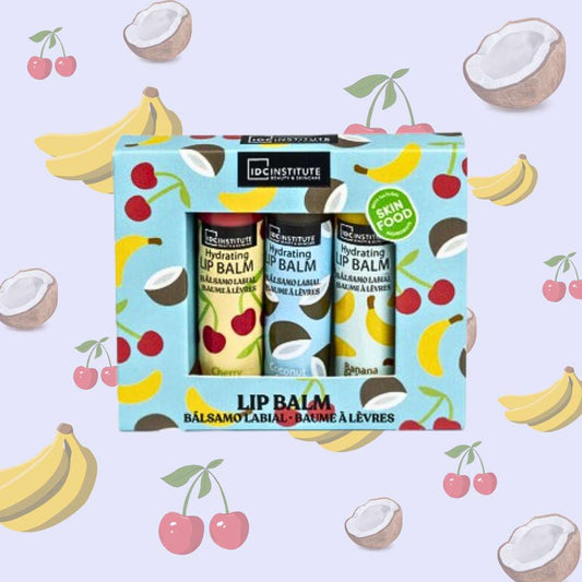 SKIN FOOD LIP BALM TRIO  - Set di Balsami Labbra Stick Idratanti Cocco, Banana e Ciliegia