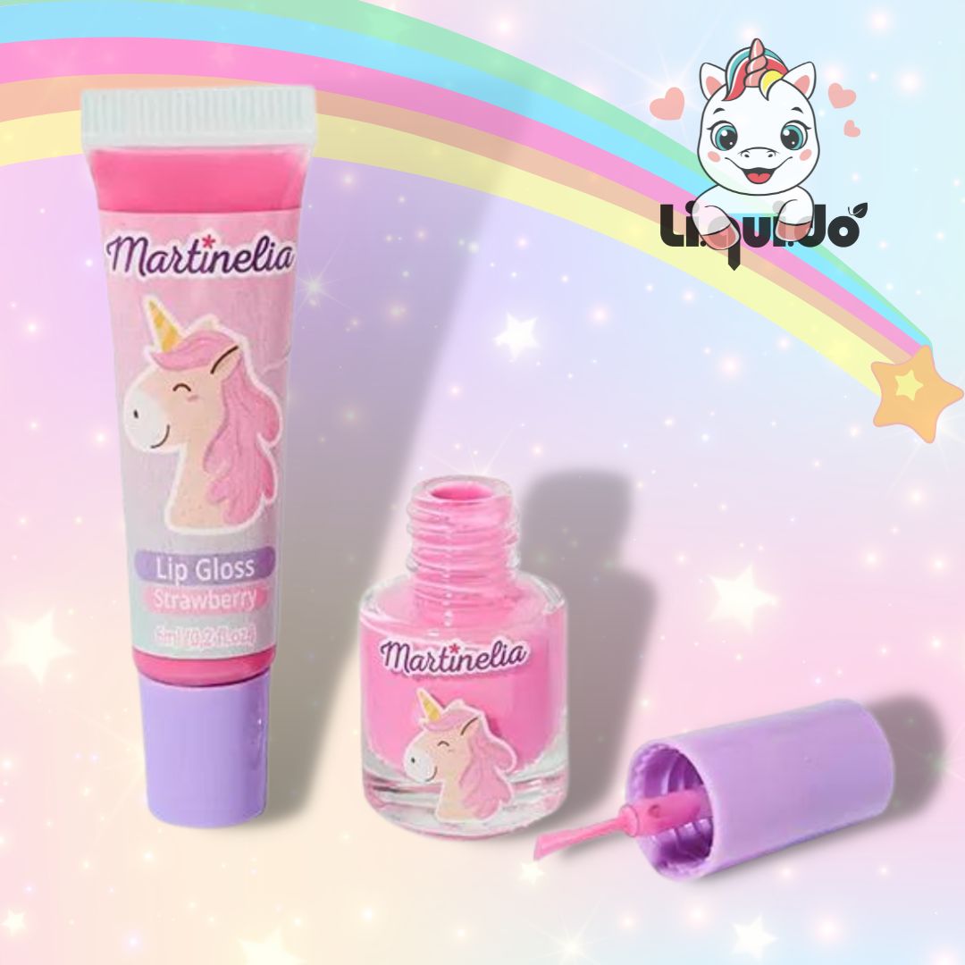 KIT LITTLE UNICORN - Lucidalabbra glitterato + smalto rosa per unghie