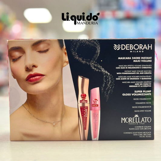 DEBORAH MILANO KIT MORELLATO 04 | Mascara 24H Instant MaxiVolume + Gloss SuperPlump Volumizzante + Collana Punto Luce