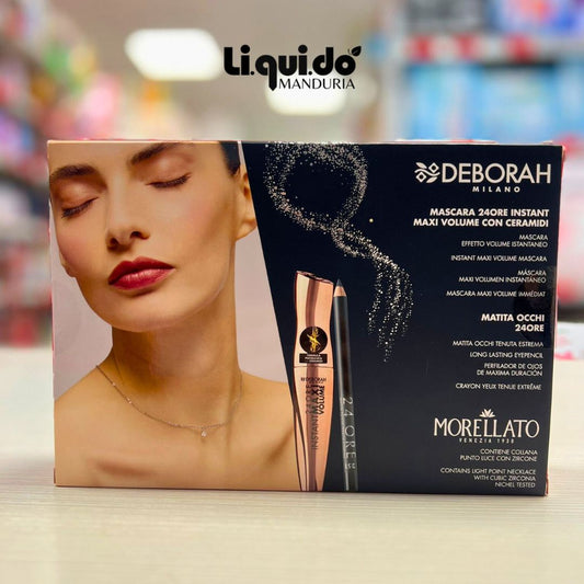 DEBORAH MILANO KIT MORELLATO 01 | Mascara Instant MaxiVolume con Ceramidi + Matita Occhi 24H + Collana Punto Luce