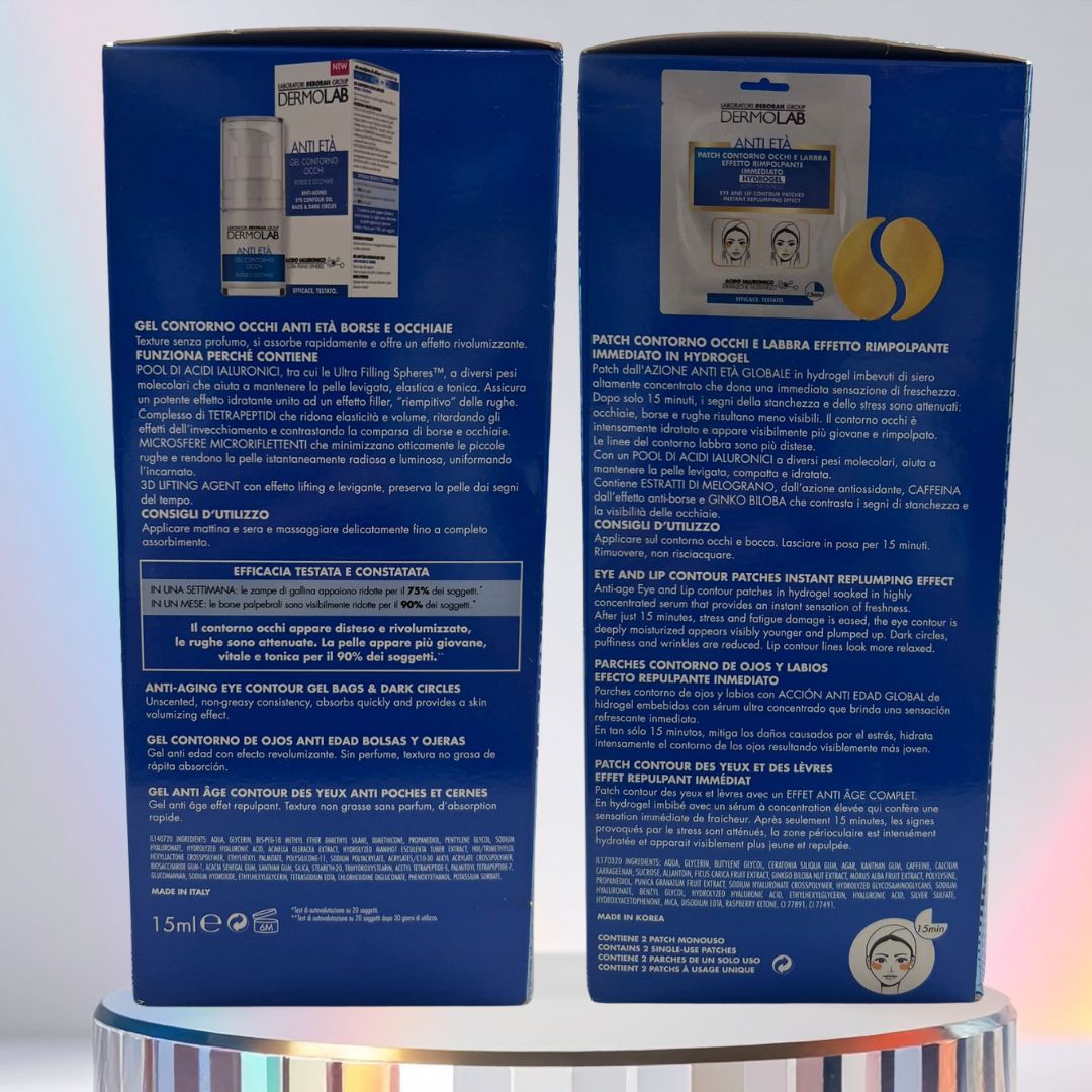 DERMOLAB BEAUTY BOX ANTI ETÀ | Gel Contorno Occhi + Patch Effetto Rimpolpante Occhi e Labbra + Beauty Case in Regalo