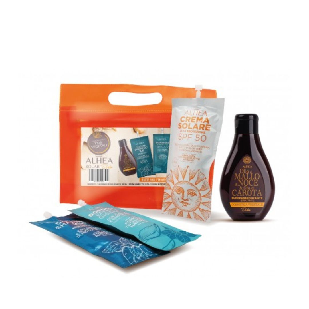 POCHETTE SOLARI WEEKEND - Olio superabbronzante, protezione solare, doposole menta, doccia shampoo ice