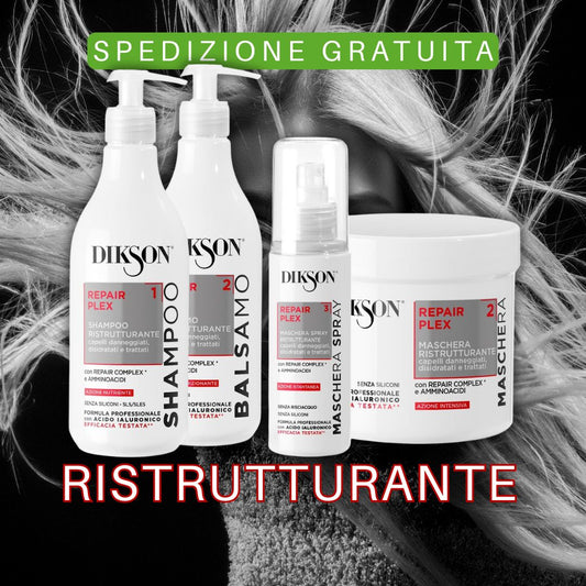 DIKSON REPAIR PLEX | Set Trattamento Riparatore Capelli Danneggiati: Shampoo 500ml, Balsamo 500ml, Maschera 509ml, Maschera Spray 150ml