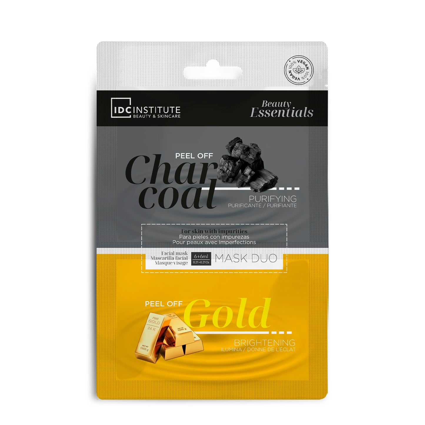 IDC - MASCHERE VISO DUO PEEL-OFF - CARBONE VEGETALE: purificante e libera i pori | ORO: illumina la pelle