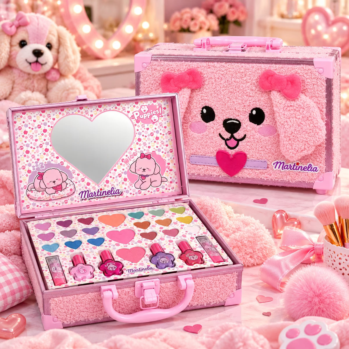 MARTINELIA PUPPIES FLUFFY MAKE UP CASE - Valigetta Trucchi Bambina in Peluche Rosa
