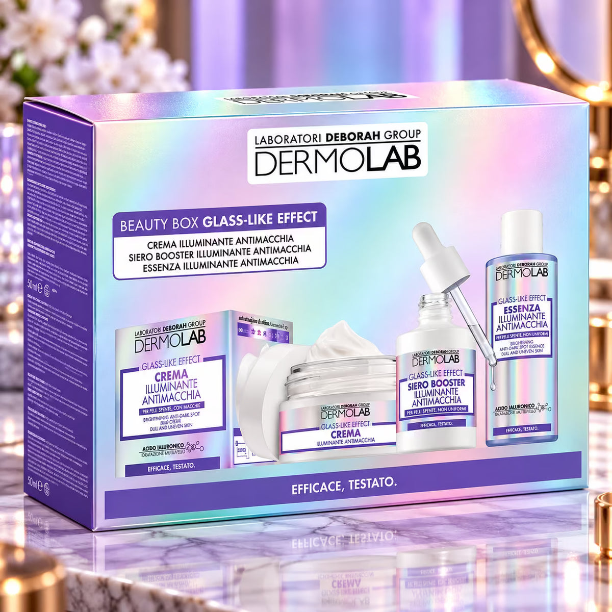 DERMOLAB BEAUTY BOX GLASS-LKE EFFECT | Illuminante Antimacchia con Essenza 50 ml+Siero Booster 30 ml e Crema Viso 50 ml