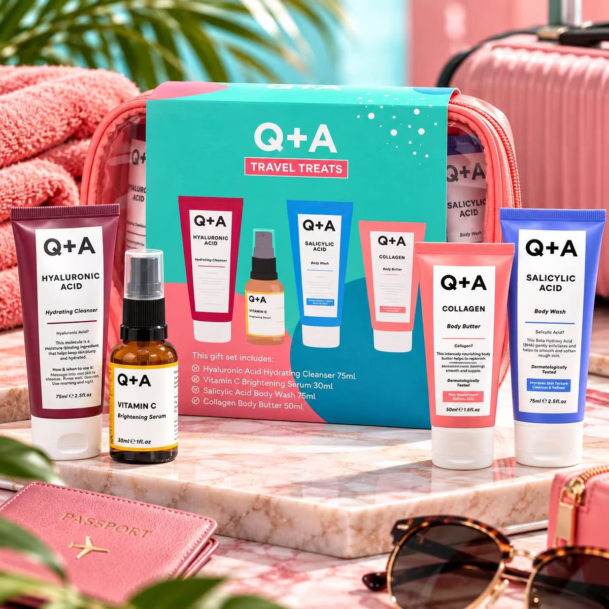 Q+A TRAVEL TREATS GIFT SET - Set Regalo Skincare Viso e Corpo con Pochette da Viaggio