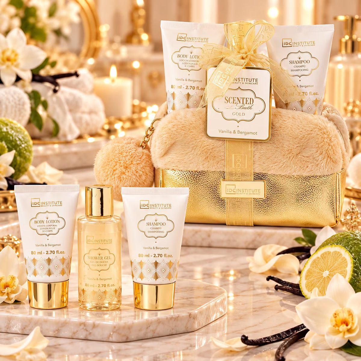 IDC INSTITUTE SCENTED BATH GOLD VANILLA & BERGAMOT SET - Pochette + Shower Gel 100ml + Body Lotion 80ml + Shampoo 80ml
