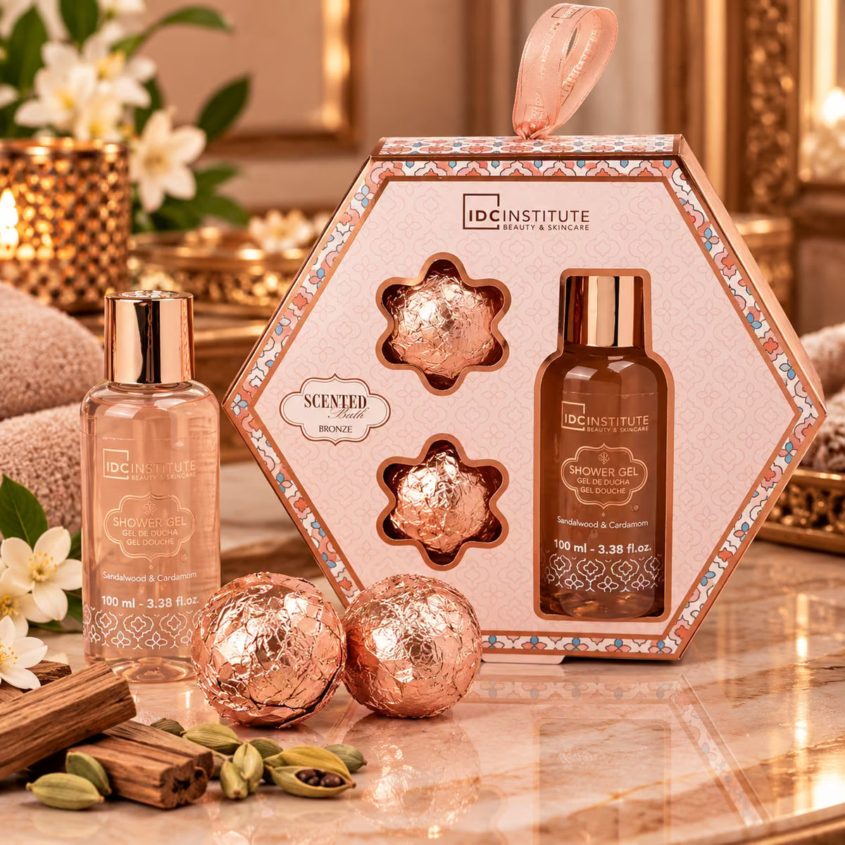 IDC INSTITUTE SCENTED BATH BRONZE SANDALWOOD & CARDAMOM - Gel Doccia 100ml + Bombe Da Bagno 2x30g