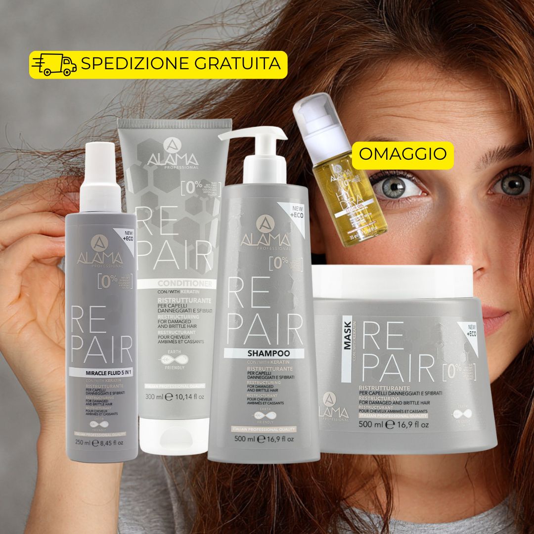 ALAMA PROFESSIONAL REPAIR - Kit Ristrutturante Capelli alla Cheratina | Shampoo 500ml + Balsamo 300ml + Maschera 500ml + Fluido 5in1 250ml + Omaggio