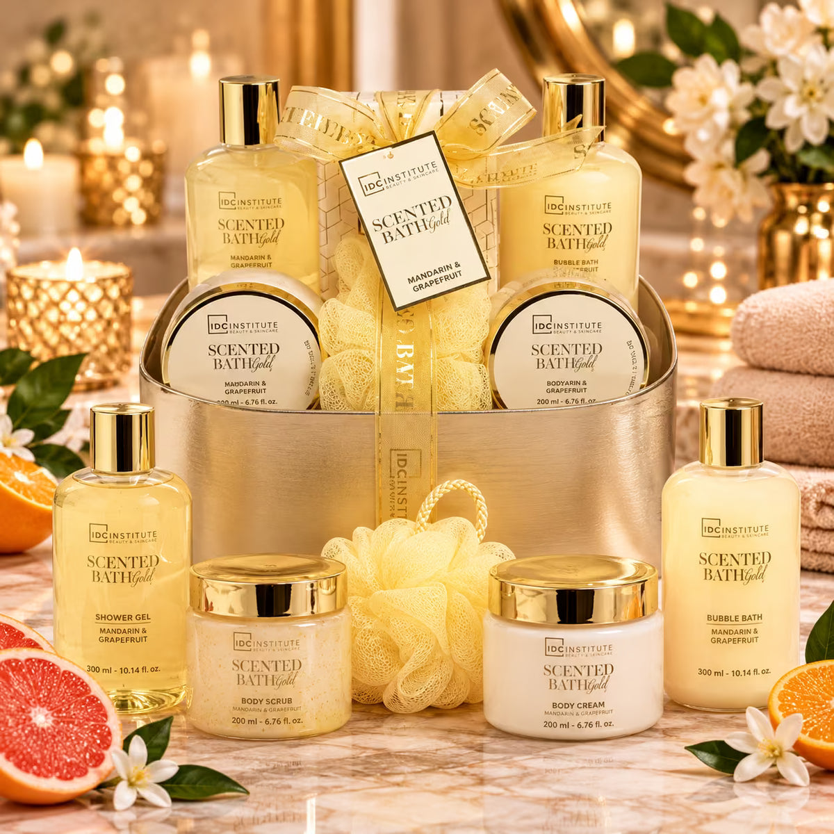 IDC INSTITUTE SCENTED BATH GOLD VANILLA & BERGAMOT SET - Spugna + Bubble Bath 300ml + Shower Gel 300ml + Crema Mani 110ml + Scrub 110ml + Sali Da Bagno 200g