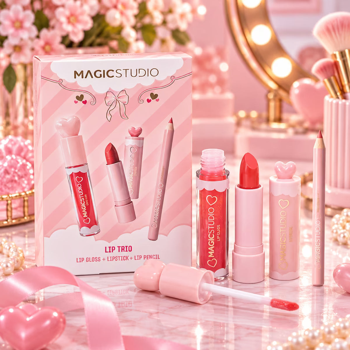 MAGIC STUDIO COQUETTE LIP TRIO - Lip Gloss 4ml + Lipstick 3.5g + Lip Pencil 1g