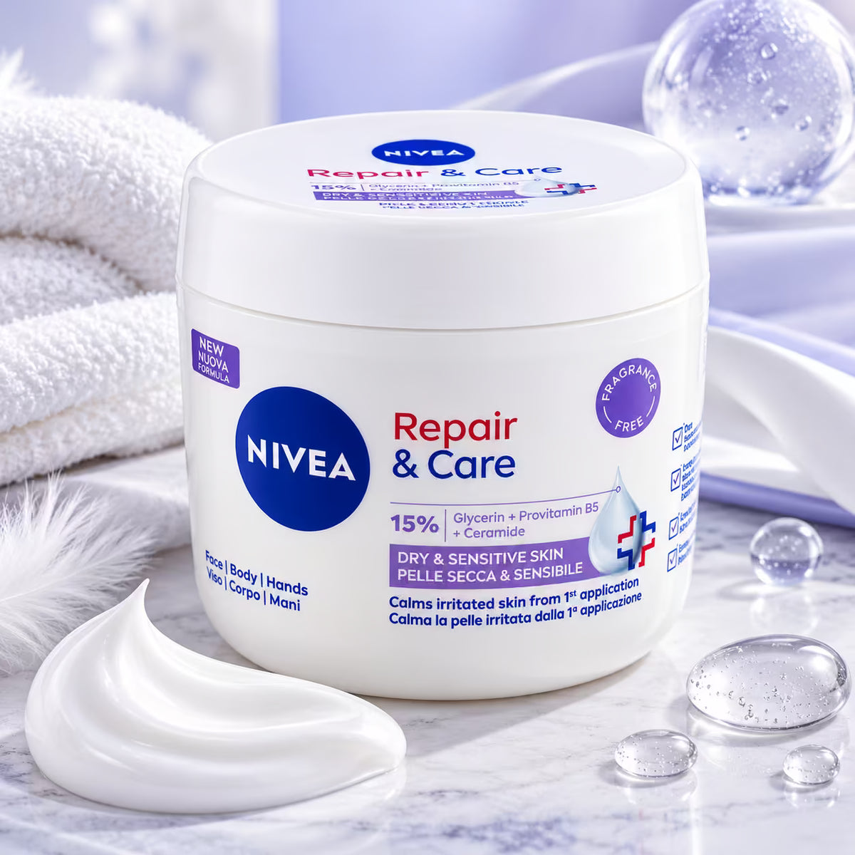 NIVEA REPAIR & CARE SENSITIVE GLICERINA 15% - Crema Idratante Viso, Corpo e Mani 400ml