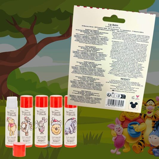 DISNEY WINNIE THE POOH X-MAS | Set 5 Balsami Labbra - Bacche invernali, Miele, Ciliegia, Mela, Vaniglia