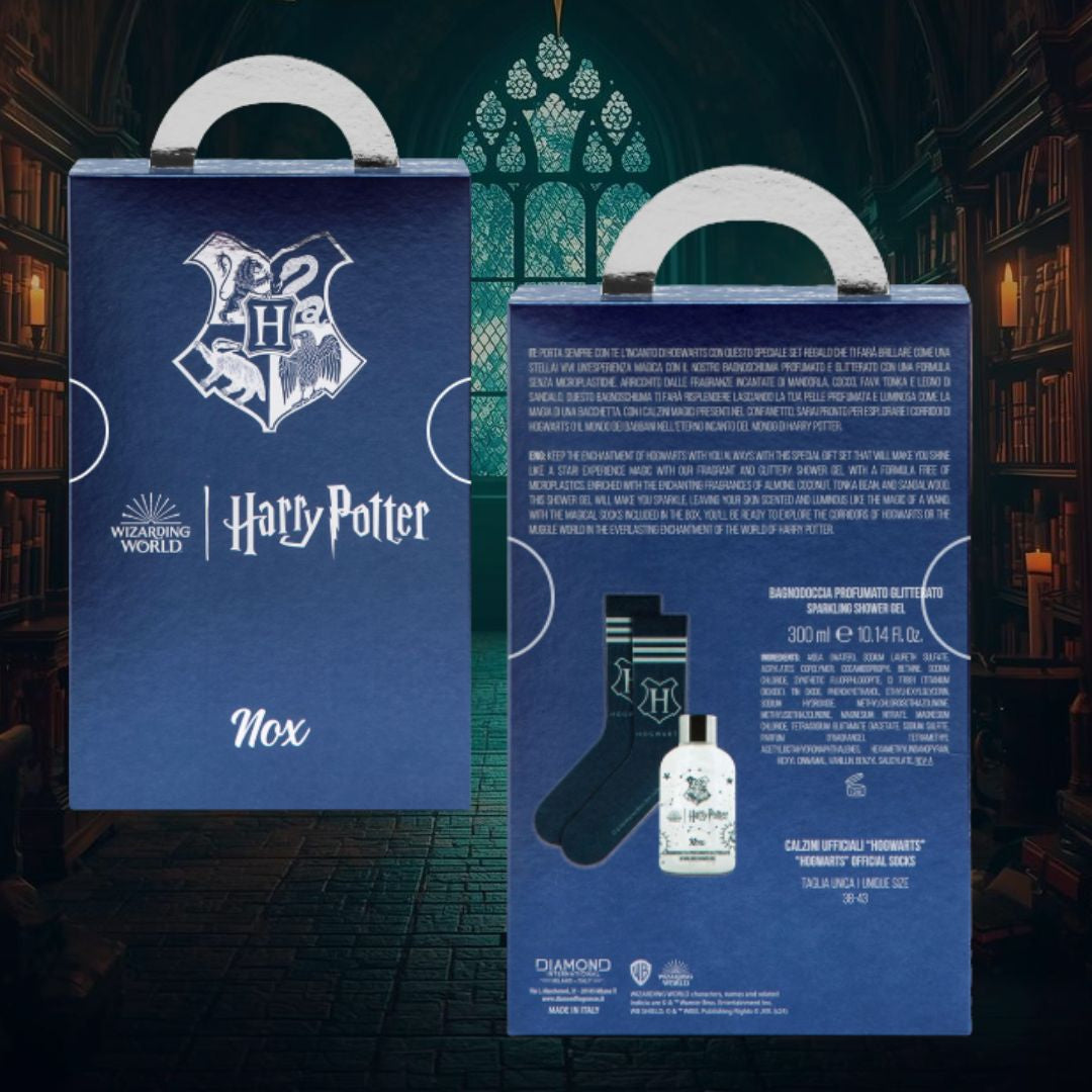 HARRY POTTER NOX Cofanetto | Bagnodoccia Profumato Glitterato 300ml + Calzini Ufficiale Hogwarts 38-43