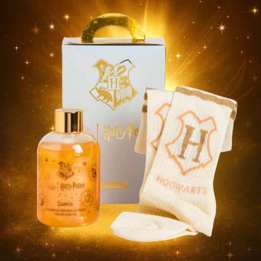 HARRY POTTER LUMOS Cofanetto | Bagnodoccia Profumato Glitterato 300ml + Calzini Ufficiale Hogwarts 38-43