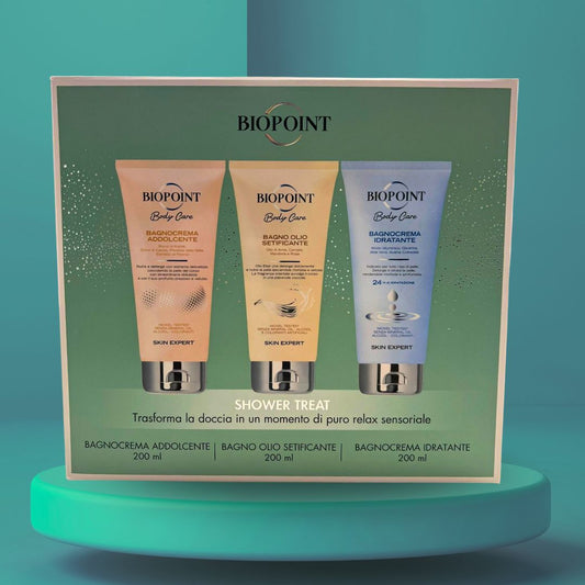 BIOPOINT SHOWER TREAT – Bagnocrema Addolcente + Bagno Olio Setificante + Bagnocrema Idratante