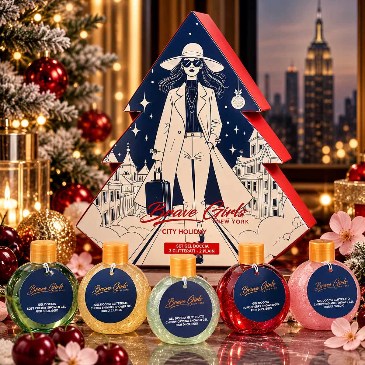 BRAVE GIRLS NEW YORK CITY HOLIDAY SET FIOR DI CILIEGIA - 2 Gel Doccia 60ml + 3 Gel Doccia Glitterati 60ml