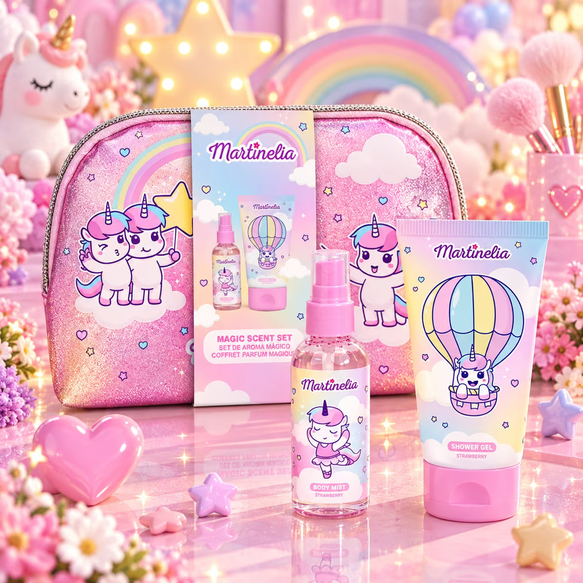MARTINELIA MY LITTLE UNICORN MAGIC SCENT SET - Cofanetto Body Mist 85 ml + Gel Doccia 150 ml + Pochette