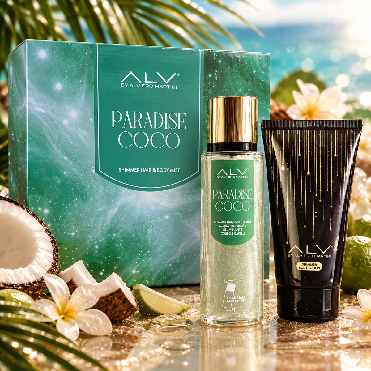 ALV BY ALVIERO MARTINI PARADISE COCO SHIMMER GIFT SET - Shimmer Hair & Body Mist 200ml + Alviero Martini Shimmer Body Lotion 100ml