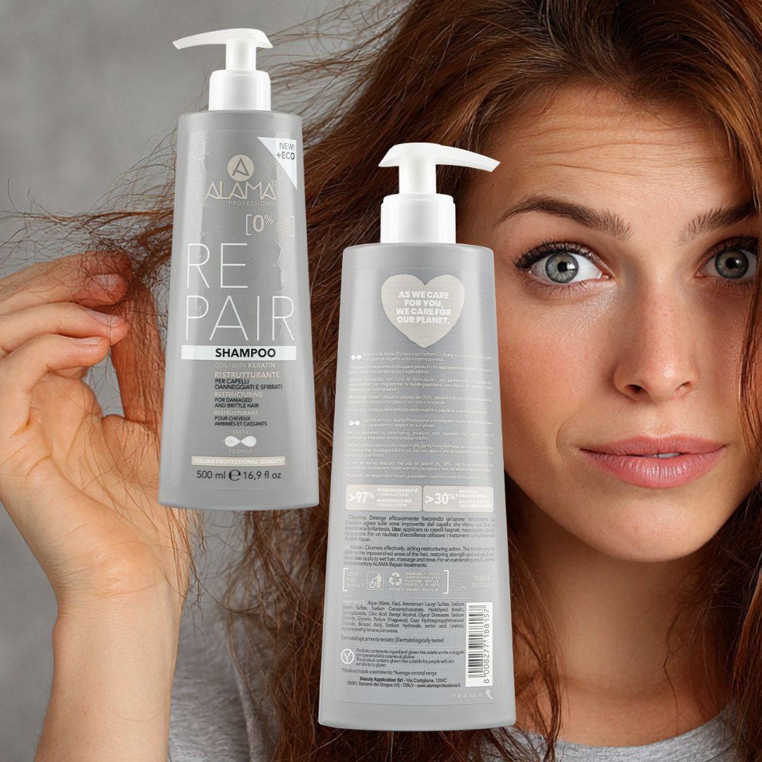 ALAMA PROFESSIONAL REPAIR - Kit Ristrutturante Capelli alla Cheratina | Shampoo 500ml + Balsamo 300ml + Maschera 500ml + Fluido 5in1 250ml + Omaggio