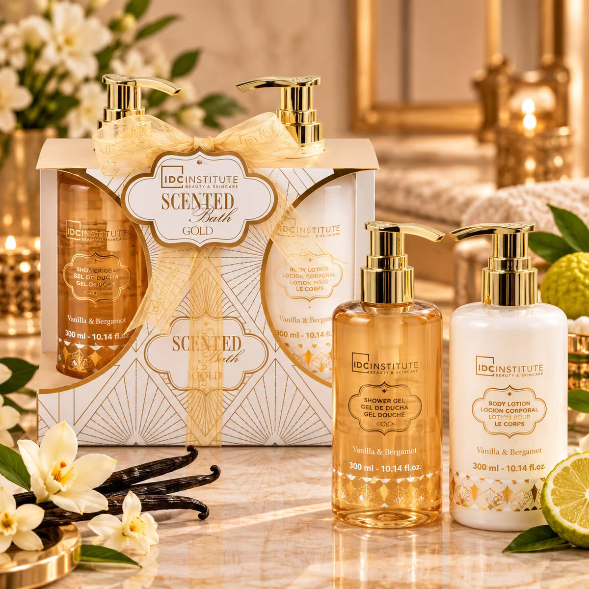 IDC INSTITUTE SCENTED BATH GOLD VANILLA & BERGAMOT - Gel Doccia 300ml + Crema Corpo 300ml