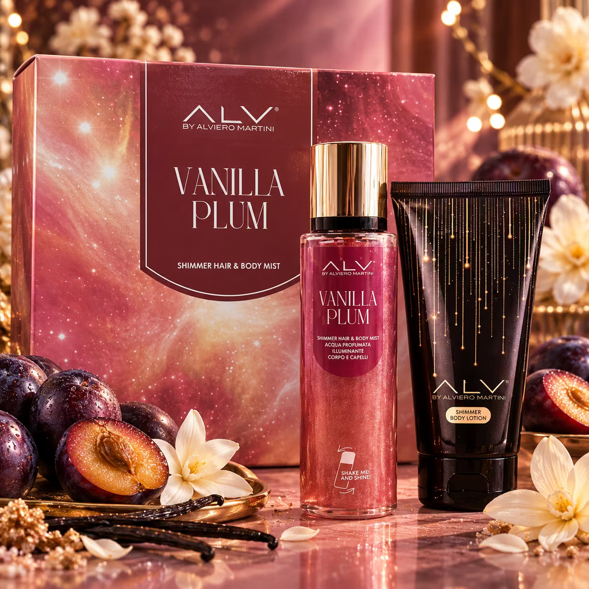 ALV BY ALVIERO MARTINI VANILLA PLUM SHIMMER GIFT SET - Shimmer Hair & Body Mist 200ml + Alviero Martini Shimmer Body Lotion 100ml