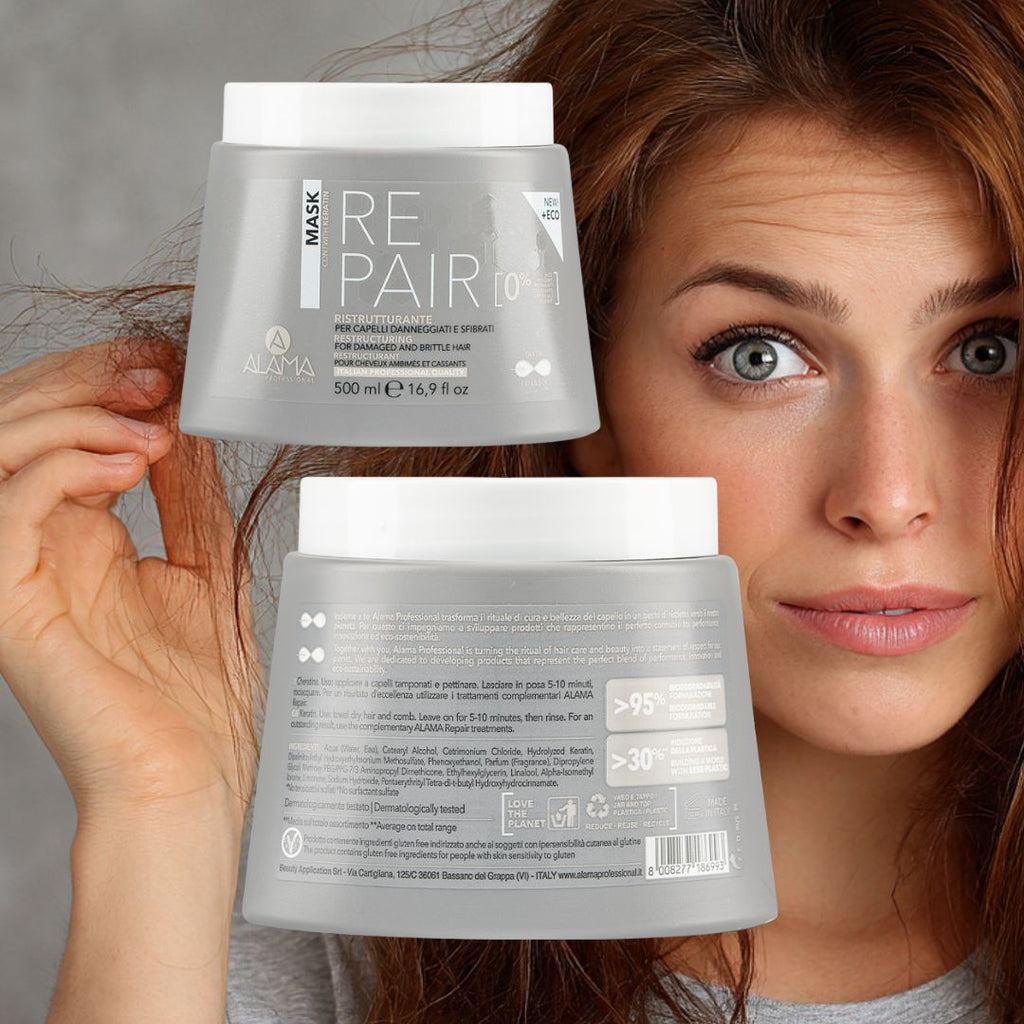 ALAMA PROFESSIONAL REPAIR - Kit Ristrutturante Capelli alla Cheratina | Shampoo 500ml + Balsamo 300ml + Maschera 500ml + Fluido 5in1 250ml + Omaggio