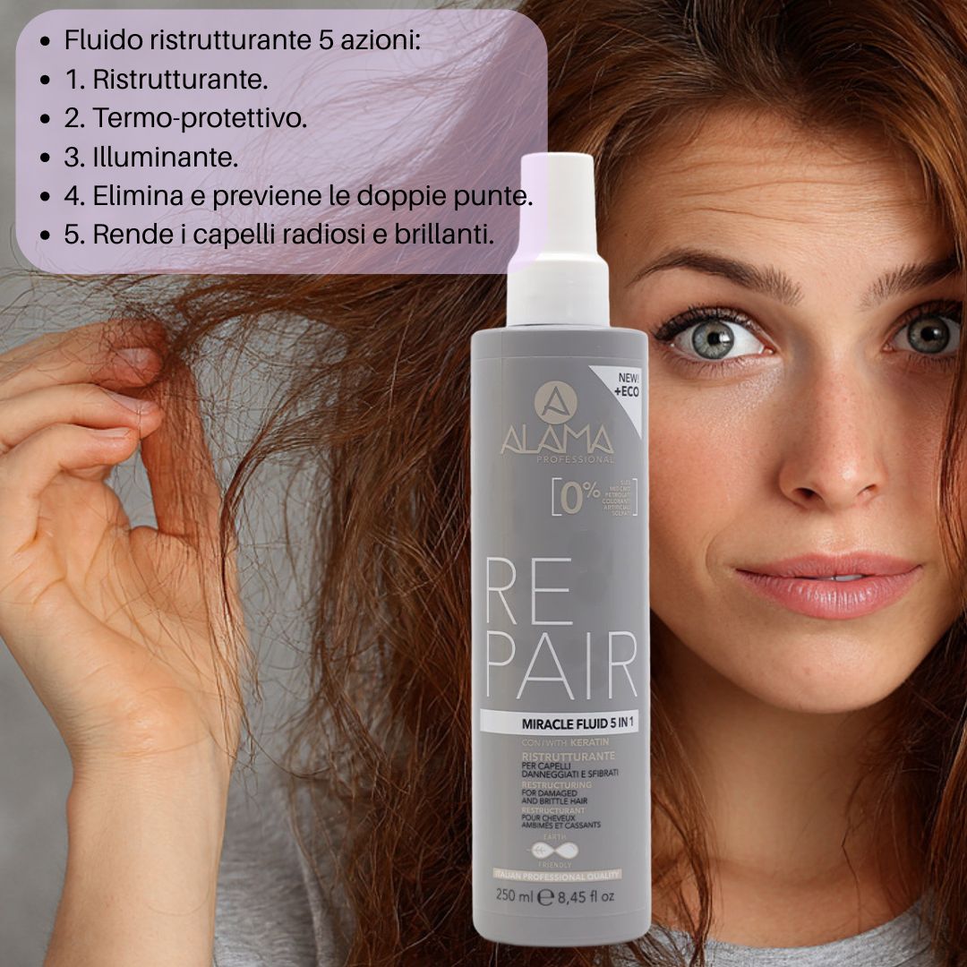 ALAMA PROFESSIONAL REPAIR - Kit Ristrutturante Capelli alla Cheratina | Shampoo 500ml + Balsamo 300ml + Maschera 500ml + Fluido 5in1 250ml + Omaggio