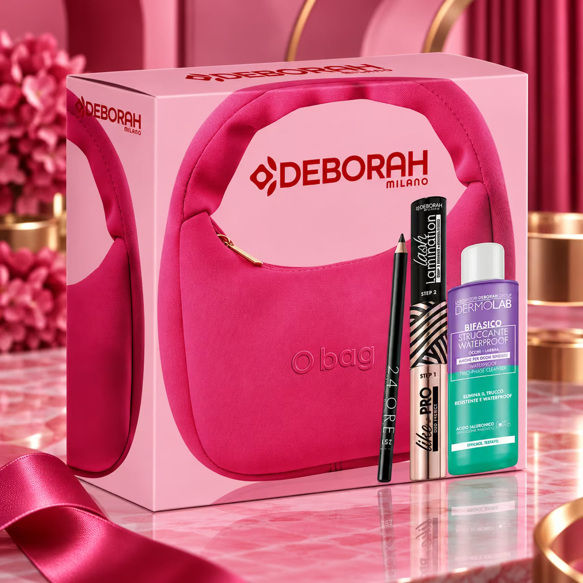 DEBORAH MILANO X O BAG COFANETTO - Mascara Like PRO Duo Effect  14 ml + Matita Occhi 24 Ore N.251 Nero 1,5 g + Dermolab Struccante Bifasico Waterproof 50 ml + Mini O Bag