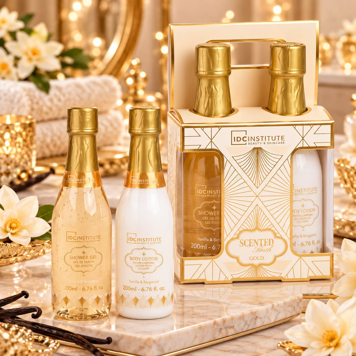 IDC INSTITUTE SCENTED BATH GOLD VANILLA & BERGAMOT SET - Shower Gel 200ml + Body Lotion 200ml