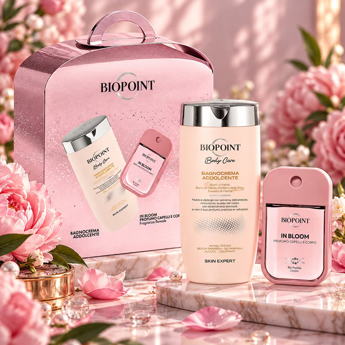 BIOPOINT IN BLOOM COFANETTO REGALO - Bagnocrema Addolcente 400 ml + Profumo Capelli e Corpo 45 ml