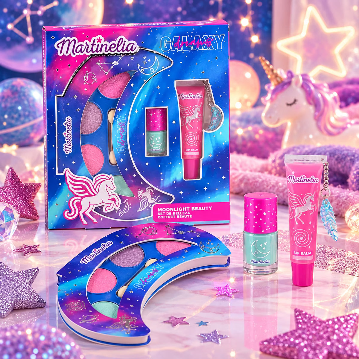 MARTINELIA GALAXY DREAMS MOONLIGHT BEAUTY - Kit Trucco Bambina con Smalto + Lip Gloss + Palette Ombretti