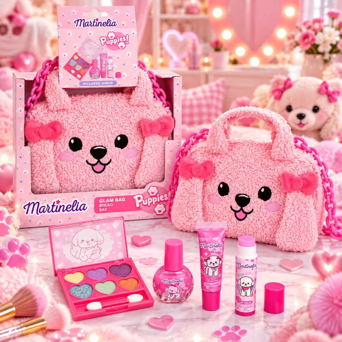 MARTINELIA GLAM BAG PUPPIES FLUFFY - Borsa Trucchi in Peluche Rosa con Set Make-Up Bambina