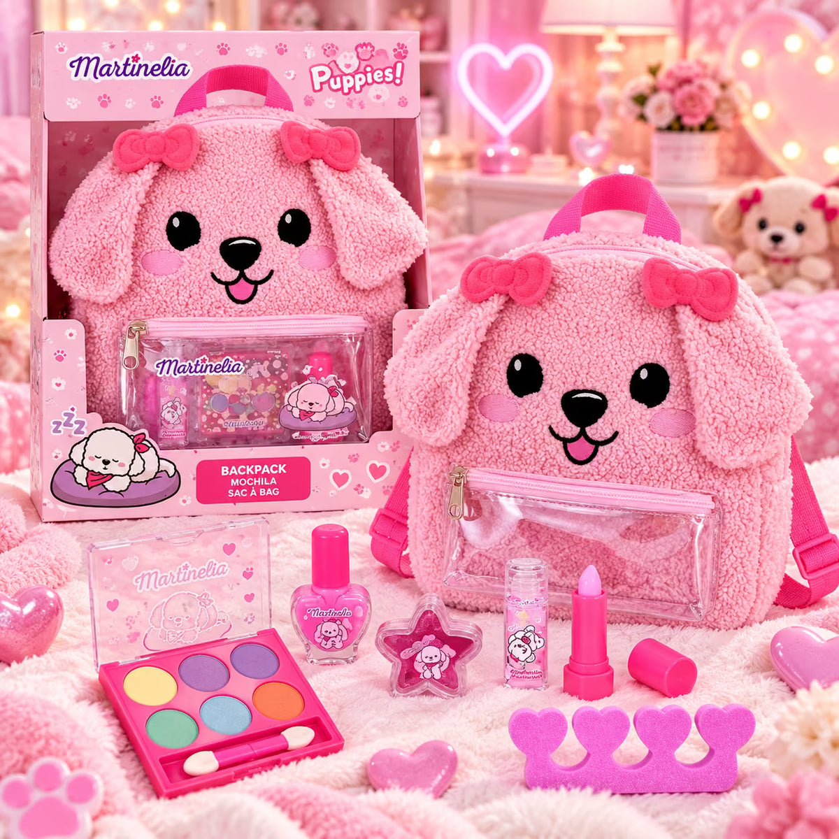 MARTINELIA BACKPACK PUPPIES FLUFFY - Zainetto in Peluche Rosa con Trucchi Bambina