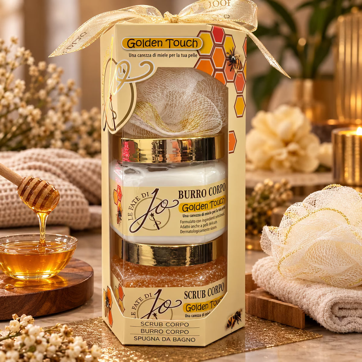 LE FATE DI JO GOLDEN TOUCH GIFT SET - Burro Corpo 200ml + Scrub Corpo 200ml + Spugna Da Bagno 15g