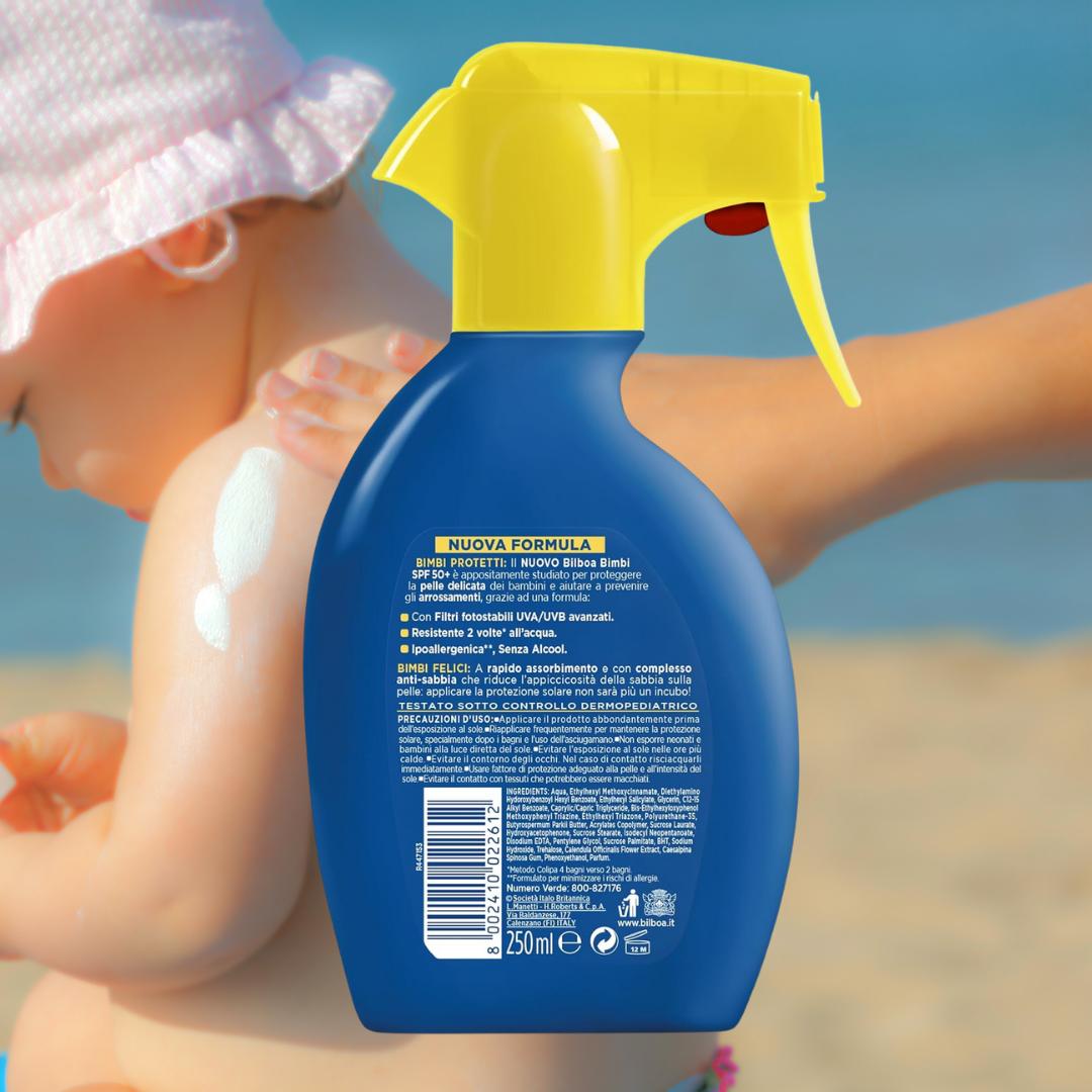 PROTEZIONE BIMBI SPRAY SOLARE SPF50+ Molto Alta - Anti Sabbia, Resistente all'acqua