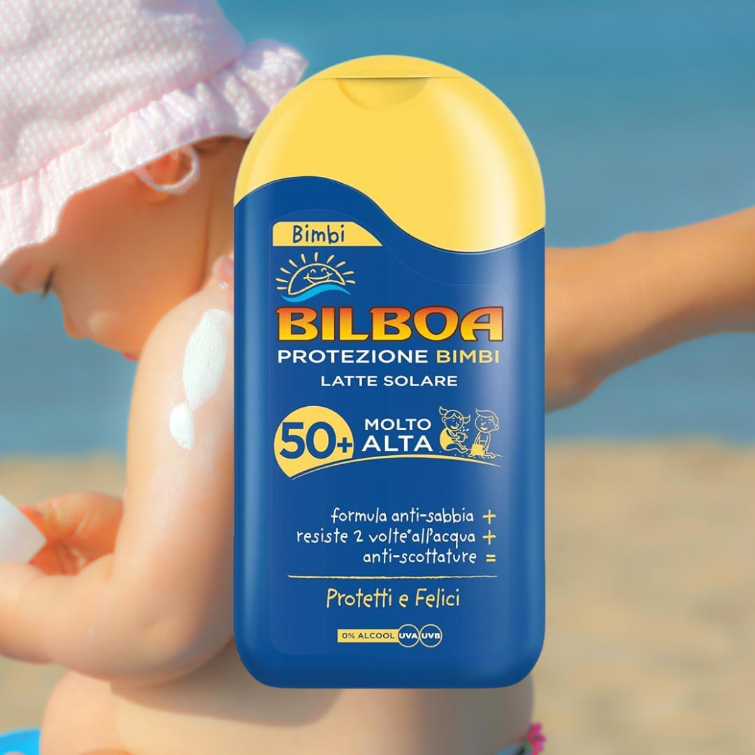 PROTEZIONE BIMBI LATTE SOLARE SPF50+ Molto Alta - Anti Sabbia, Resistente all'acqua