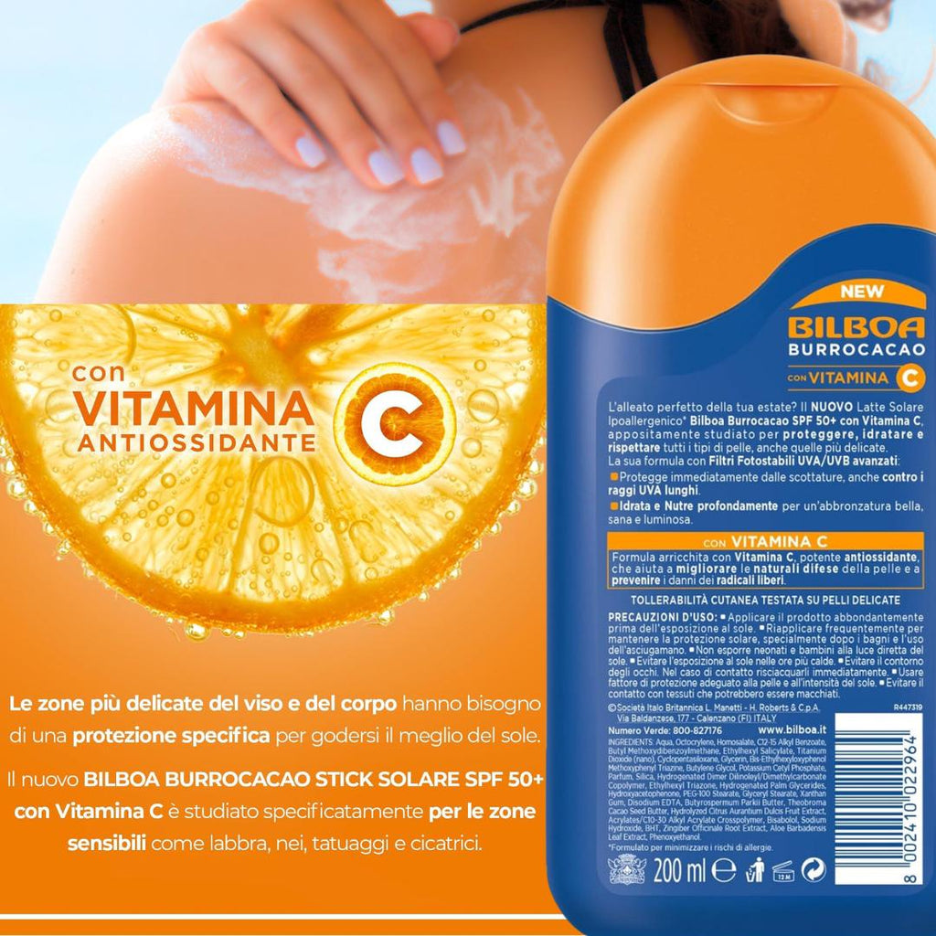BURROCACO LATTE SOLARE SPF50+ Pelli Delicate con Vitamina C - Idrata, Nutre, Protegge