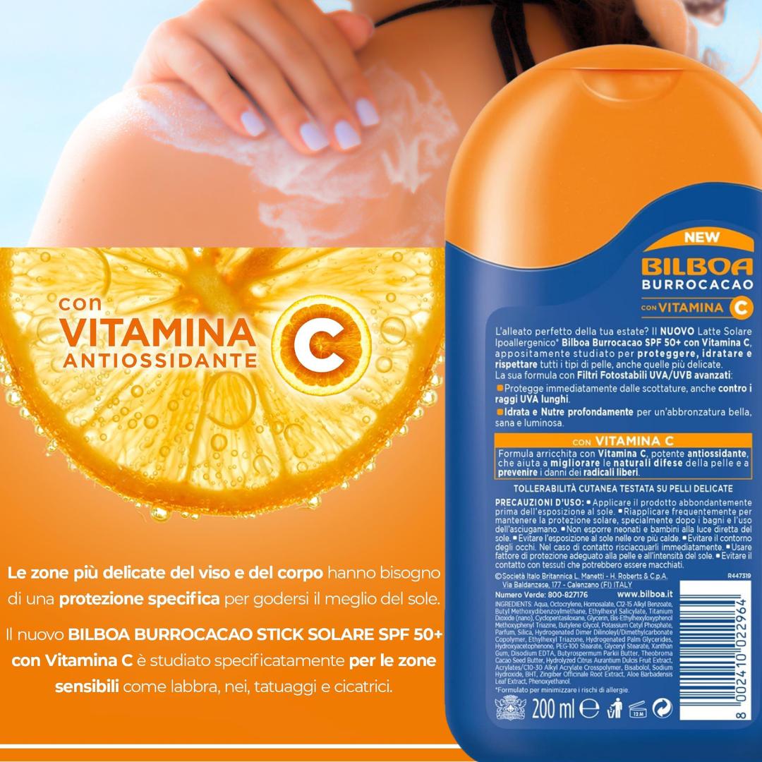 BURROCACO LATTE SOLARE SPF50+ Pelli Delicate con Vitamina C - Idrata, Nutre, Protegge