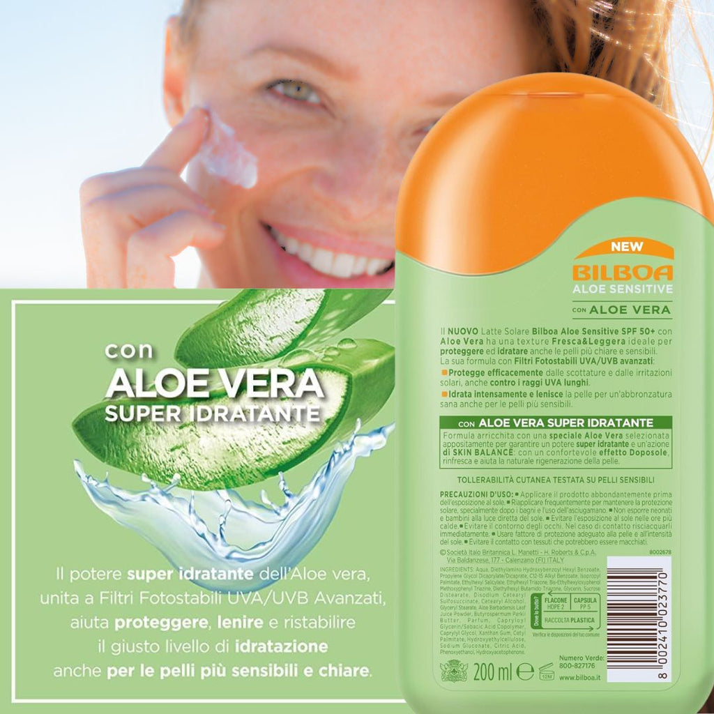 LATTE SOLARE ALOE SENSITIVE SPF50+ Pelli Sensibili - con Aloe Vera Super Idratante
