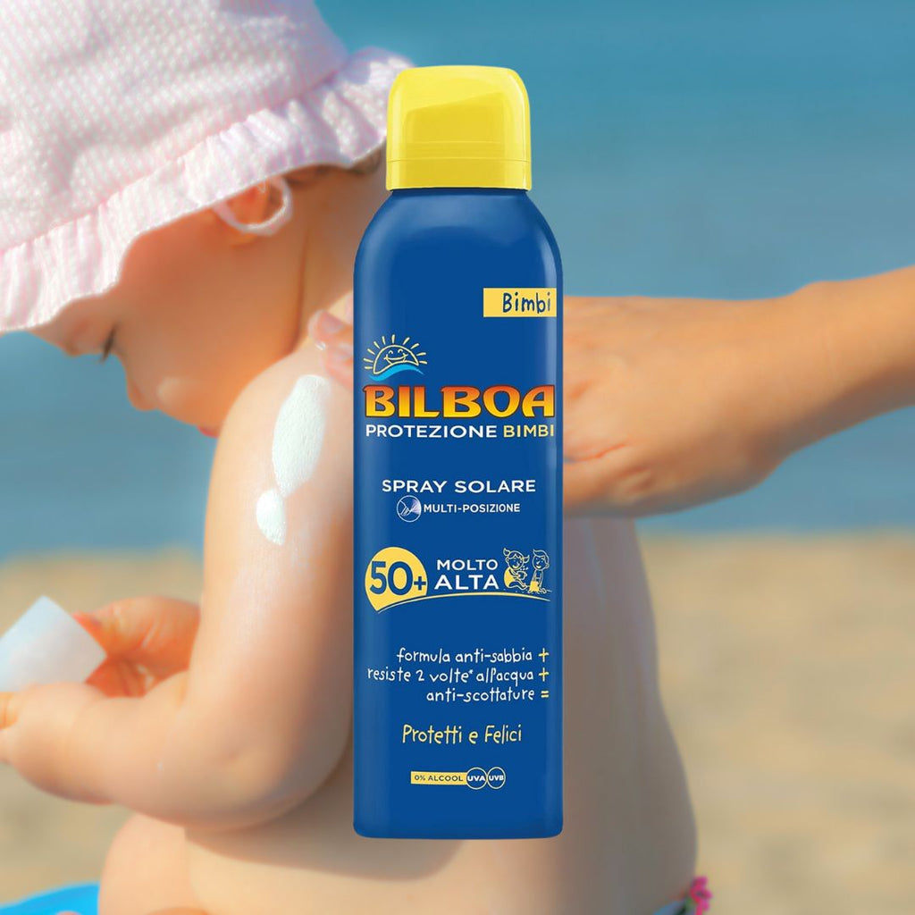 PROTEZIONE BIMBI SPRAY SOLARE SPF50+ Multi‑posizione - Anti Sabbia, Resistente all'acqua