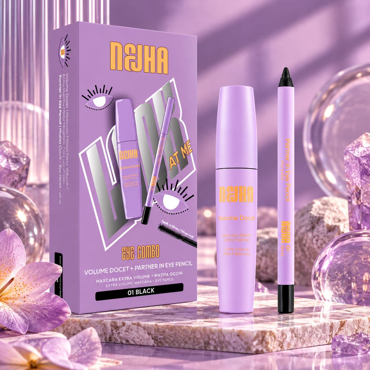 NEJHA EYE COMBO VOLUME DOCET + PARTENER IN EYE PENCIL - Mascara Extra Volume + Partner in Eye Pencil 01 Black